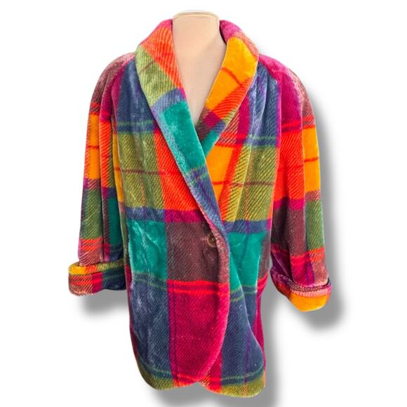 Vintage Jackets & Blazers - Vintage Donnybrook Rainbow Plaid Faux Fur Coat Colorful Oversized Jacket Large
